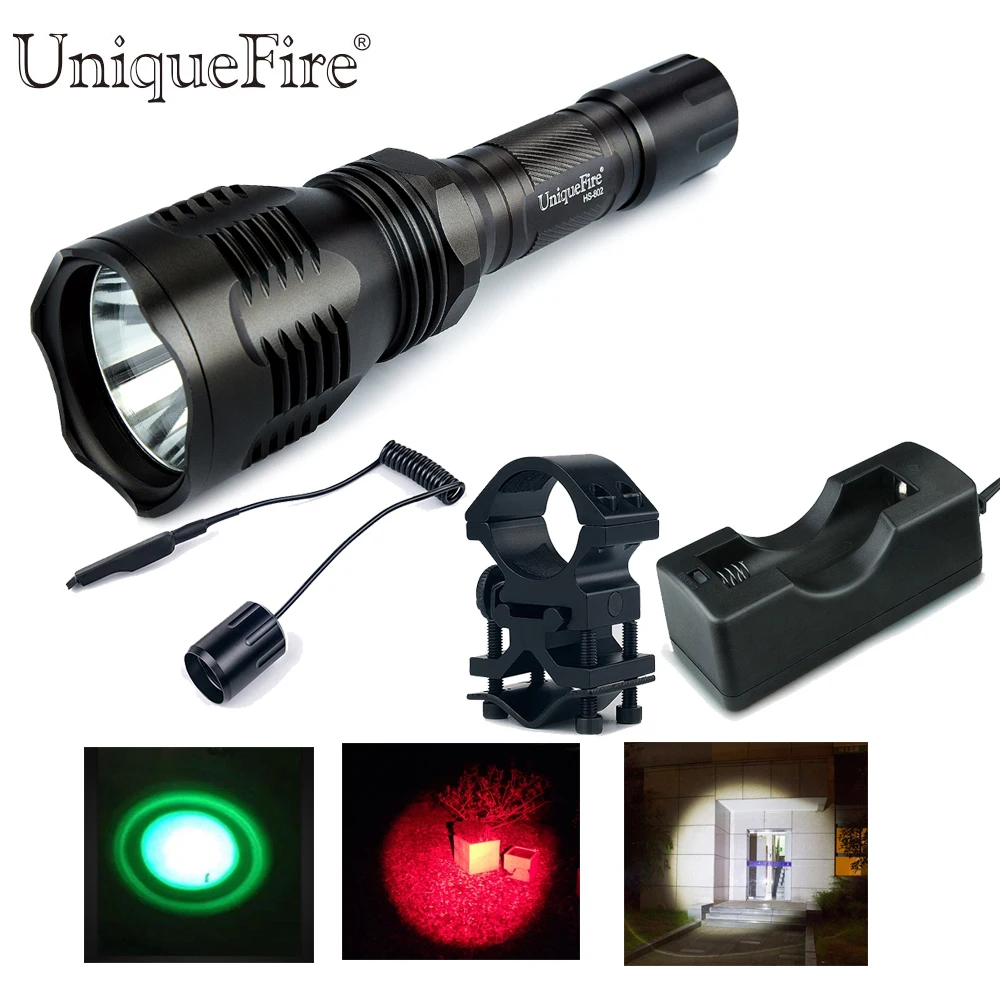 

Uniquefire Led Flashlight HS-802-XPE Single File G/W/R Light Lampe Torche Kit:1 Torch,1 Scope Mount,1 Remote Pressure, 1 Charger