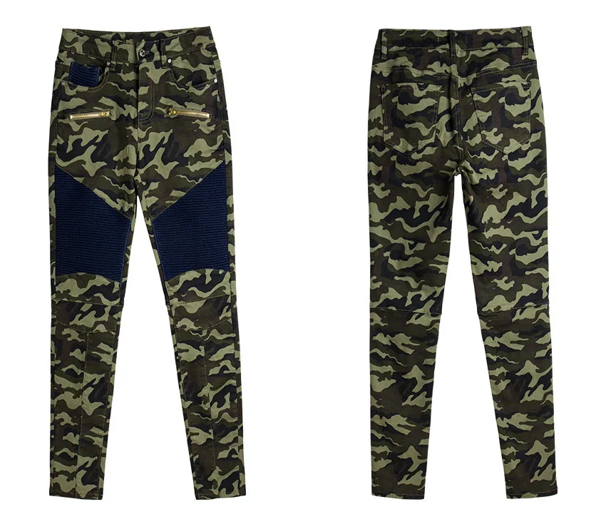 Motorcycle trousers for women stretch trim camouflage printed trousers with denim pencil trousers (13)
