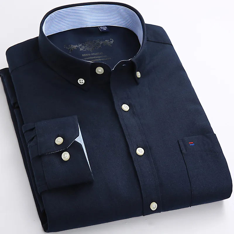 Высококачественные Оксфордские мужские рубашки с длинным рукавом, одноцветная рубашка на пуговицах, синий, черный цвет, мужские повседневные топы, размеры 4XL 5XL - Цвет: Navy Blue