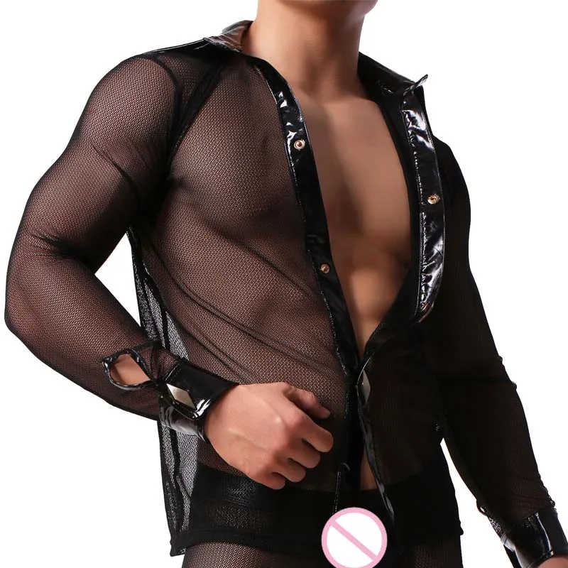 

Black PU Leather Male Long Sleeve Sexy Sheer Mesh Performance Mens Fitness Undershirts Erotic Lingerie Night Clubwear