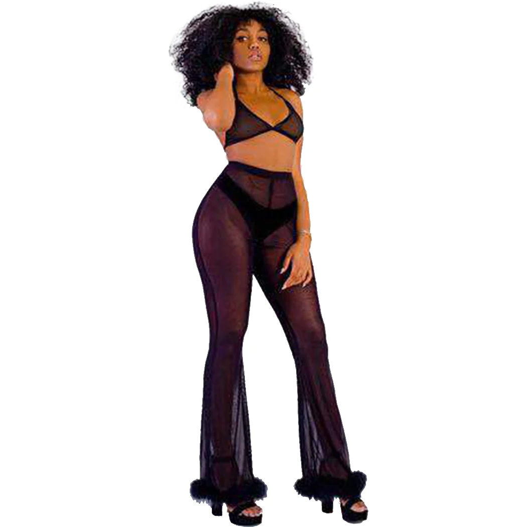 Sexy Women Sheer Mesh Wide Leg Pants 