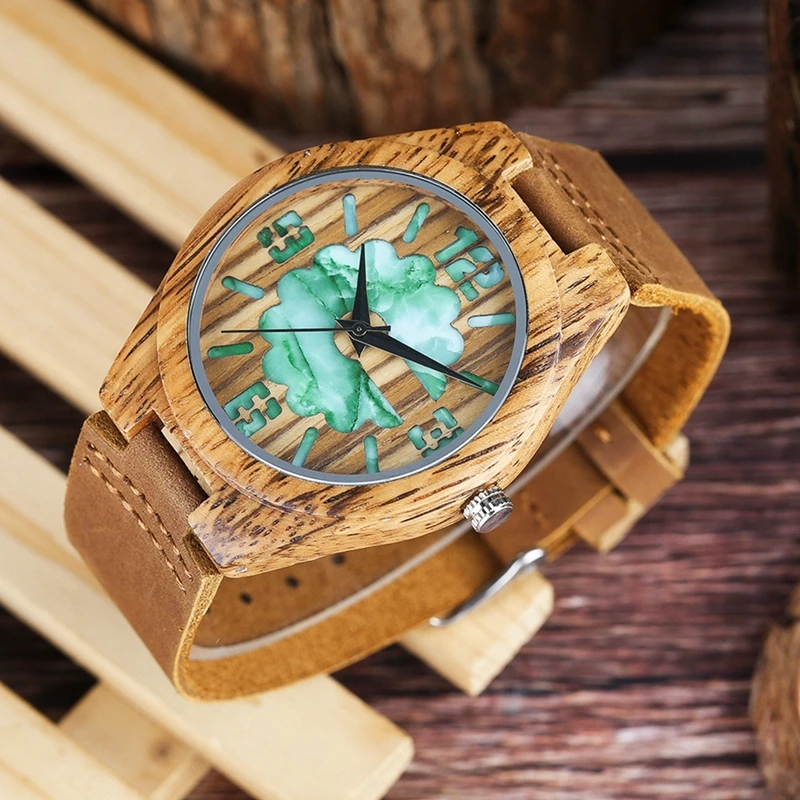 Top Gifts Wooden Watches for Men Vintage Coffee Unique Marble Dial Men's Watch Zebra Wood Green Quartz Analog Watch Reloj Hombre 2018 (8)
