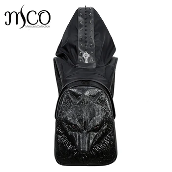 

2019 Fashion Personality Wolf Embossing knife leather backpack rivets backpack with Hood cap apparel bag cross bags hiphop man