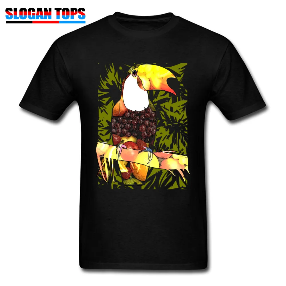 Funny Casual T-shirts for Men 100% Cotton Mother Day Tops Tees comfortable Tops Tees Short Sleeve New Arrival Crewneck Tropic tucan bird and fruit food art black