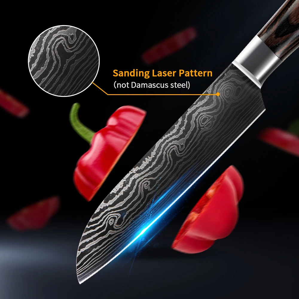 Кухонный нож, кухонная утварь 7CR17 440C из высокоуглеродистой нержавеющей стали, шлифовальный лазерный узор, поварские ножи, нож для овощей Santoku
