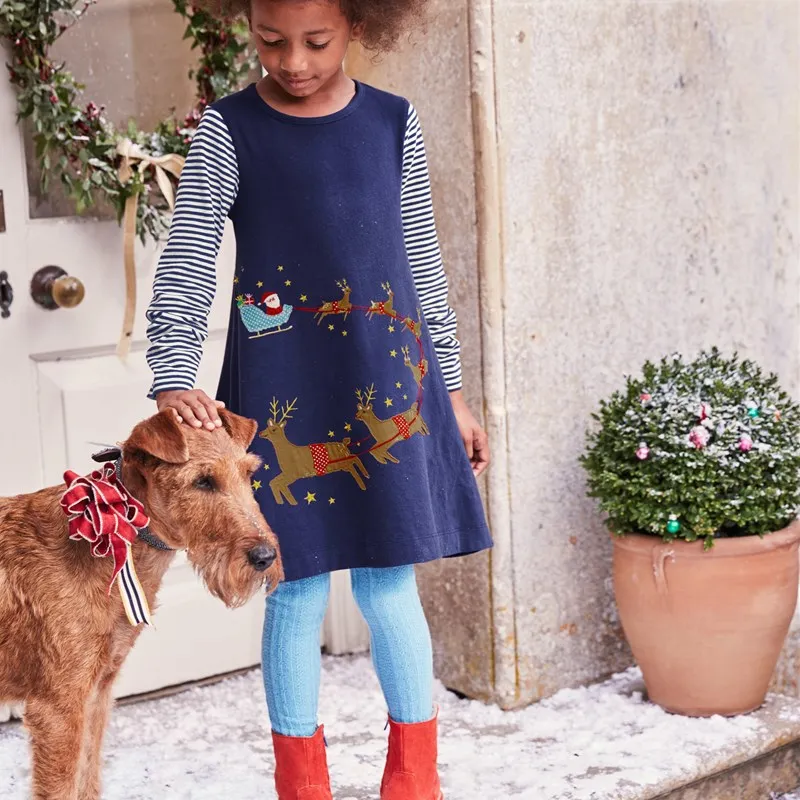 100% Cotton Striped Girls Dresses Baby Kids Christmas Clothes Long Sleeve Spring Autumn Applique Deer Children Dress Robe Fille (13)