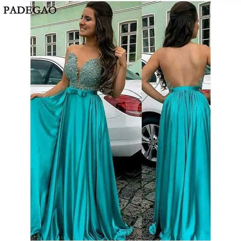 

2019 Sexy Evening Dresses Long Party Dress A-Line Appliques Beading Bow Open Back Stain Floor Length Sweep Train Evening Dress