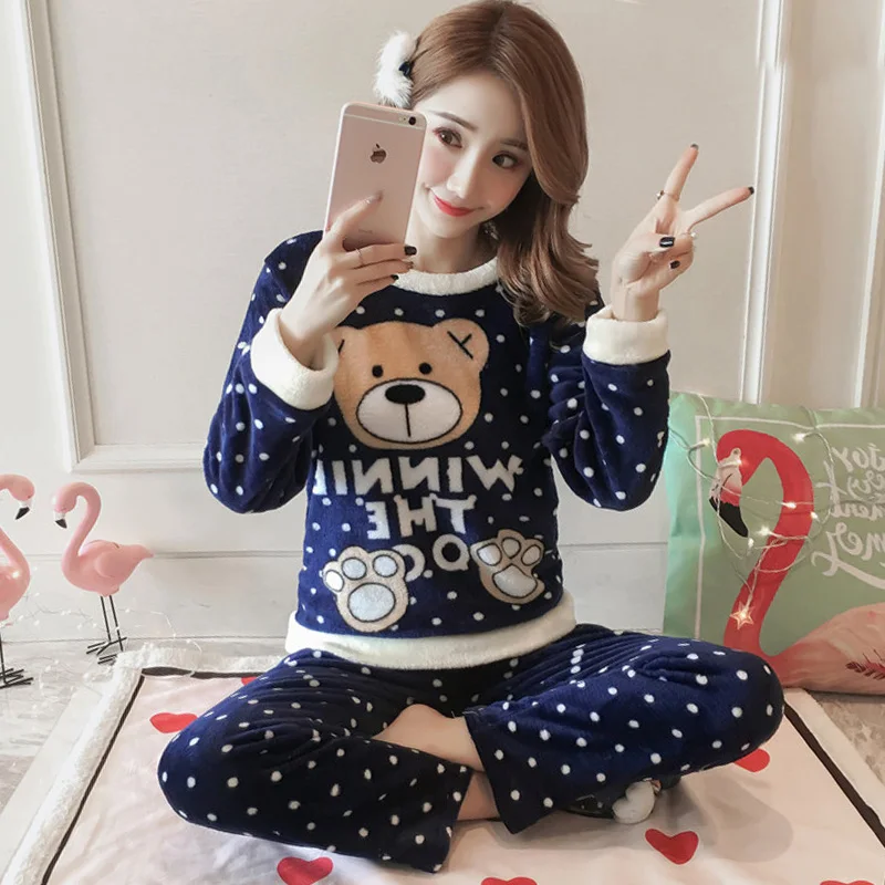 

Autumn Winter Women Thicken Flannel Pajama Set cartoon Printed Thick Warm Love Pijama Girl Nightgown Sleepwear Long Pant pajamas