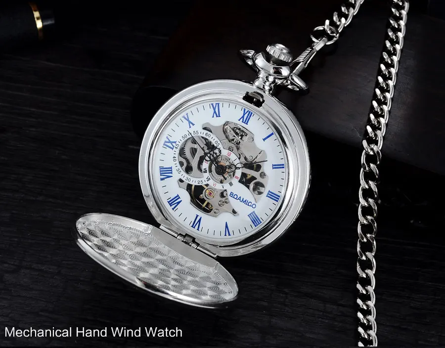 FOB мужские карманные часы модные механические часы BOAMIGO Бренд Скелет римские цифры часы серебряный дизайн часы reloj hombre