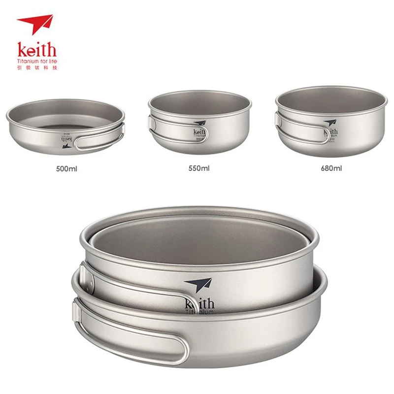 Keith 3 unids titanio Utensilios de cocina Sartenes Boles y cuencos conjunto con mango plegable cocinar Sets al aire libre traving Caza camping set de cocina ti6053