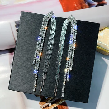 

DREJEW Korean Long Tassel Gold Silver Rhinestone Statement Earrings Sets 925 Drop Earrings for Women Wedding Jewelry