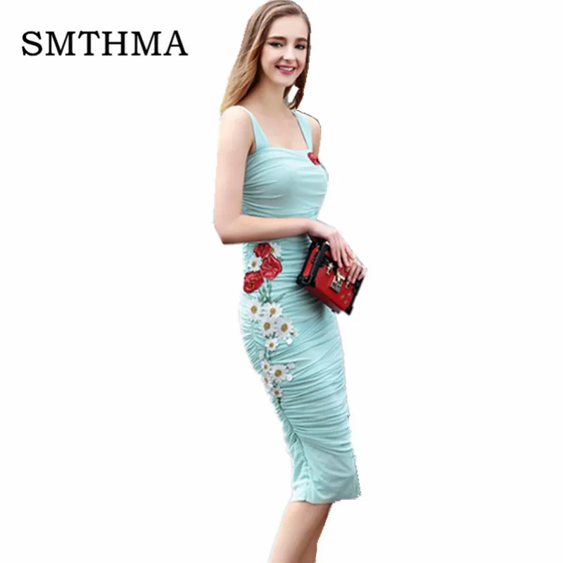 

blue Bodycon Dress 2019 New Spaghetti Strap Sleeveless Bodycon Dress Mid-Calf Length Woman Embroidery flowers Dress