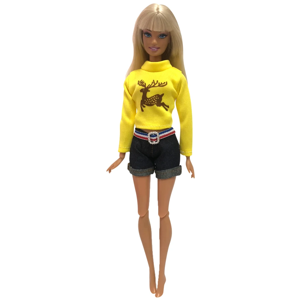 

NK Newest Doll Yellow Long-Sleeved Shirt Denim Shorts Casual Top Fashion Design Clothing For Barbie Doll Accessories Gifts 08DZ