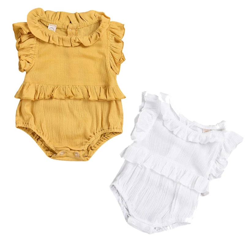 Emmababy Newborn Baby Girl solid yellow white ruffles bodysuit girls