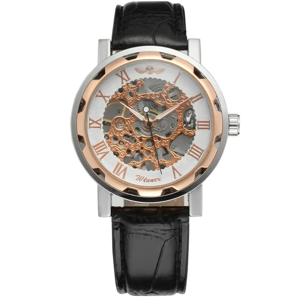 

WINNER WATCH rose gloden and white surface Roman Numerals creative reverse black leather strap men's mechanical watch