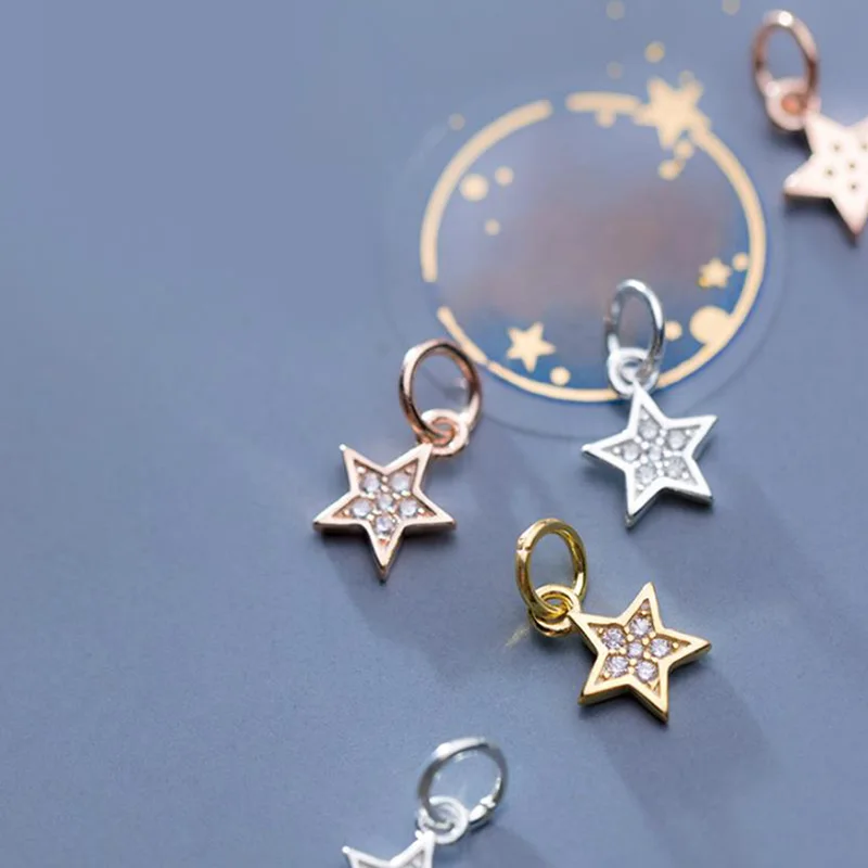 

925 Sterling Silver Zircon star charm floating 925 stamp Pentagram drop Pendants for making jewelry accessories 7mm 2pcs