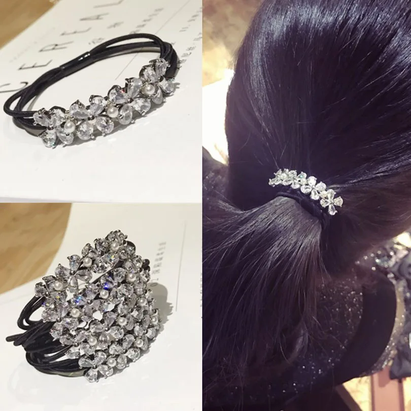 

Korean Elegant Rhinestones Women Hair Accessories Simple Black Elastic Hair Bands Girl Hairband Hair Rope Gum Rubber Band