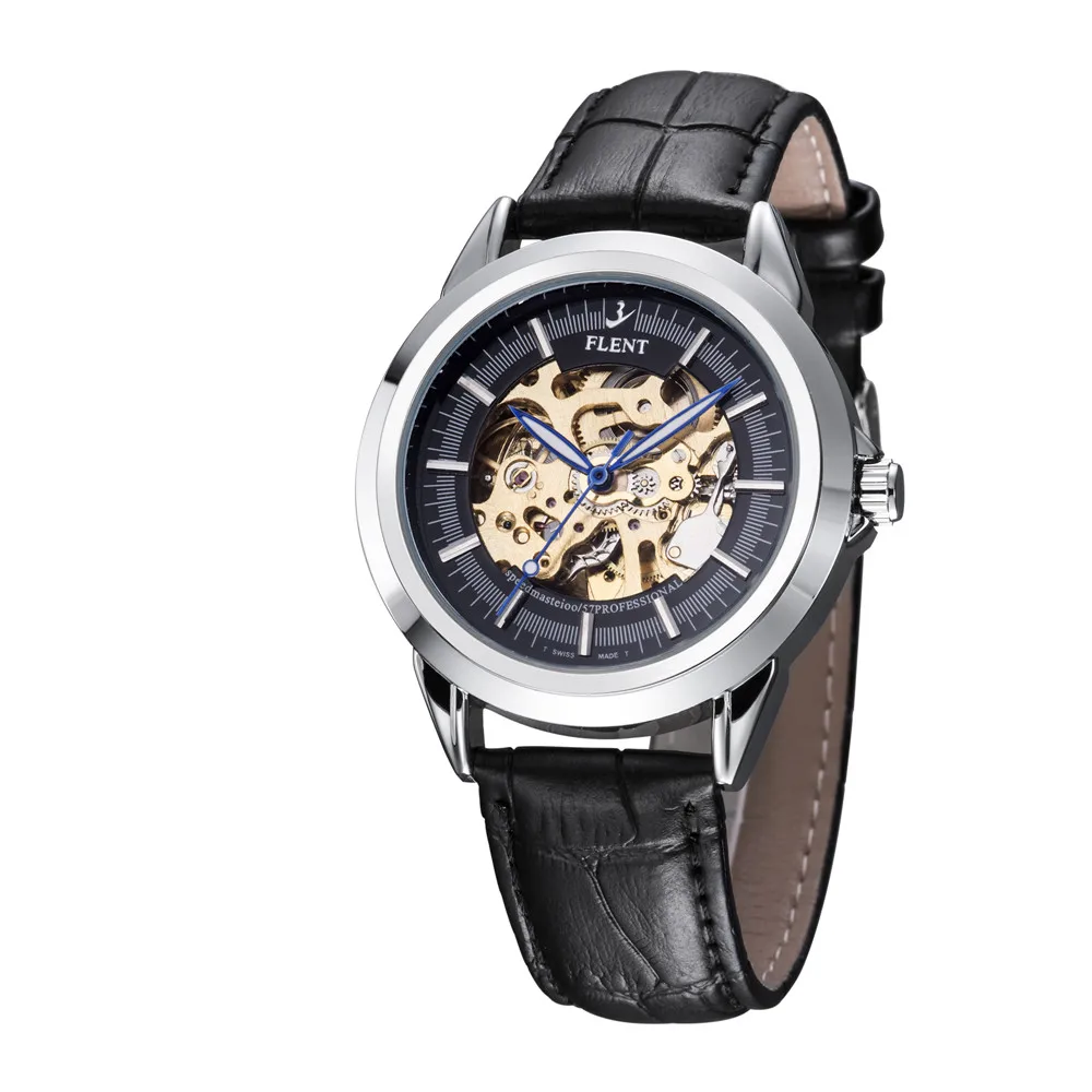 Мужские кожаные часы, автоматические наручные часы, механические Аналоговые часы со скелетом - Цвет: Черный
