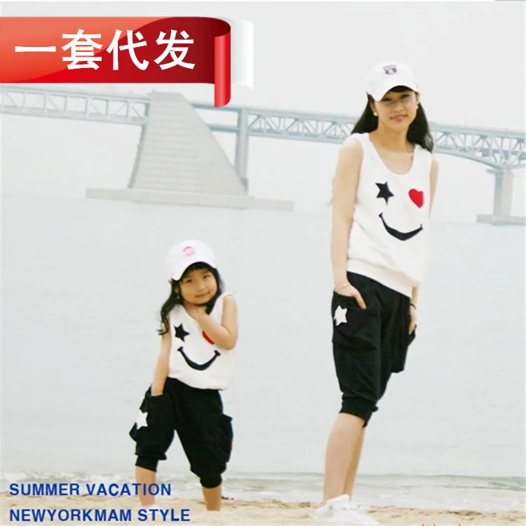 

Fashion summer cotton family look parent-child outfits mother daughter outfits mom girl set family suit kids t shirt short