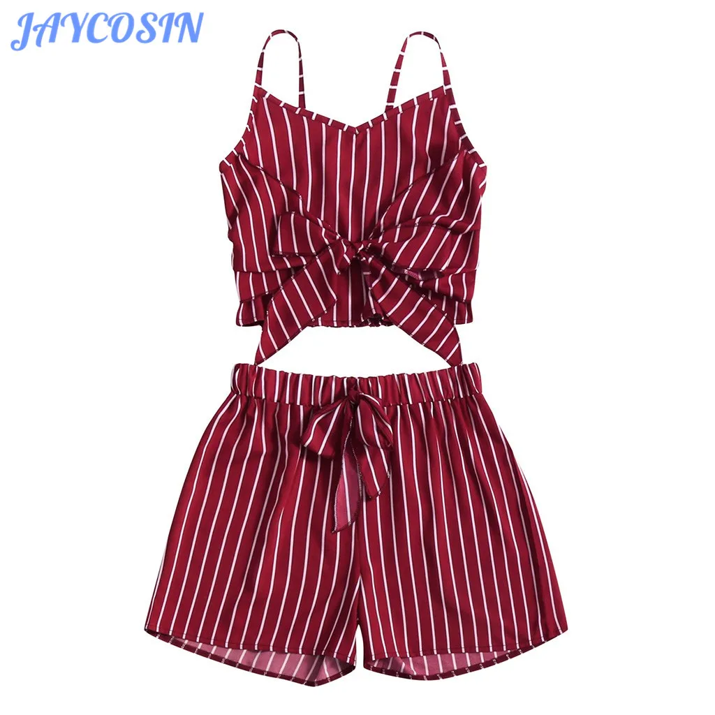 

JAYCOSIN Women Set Clothes Sexy Casual Striped Two Piece Set Sling Bow Bandage Tops And Shorts Summer Matching Sets For Ladies