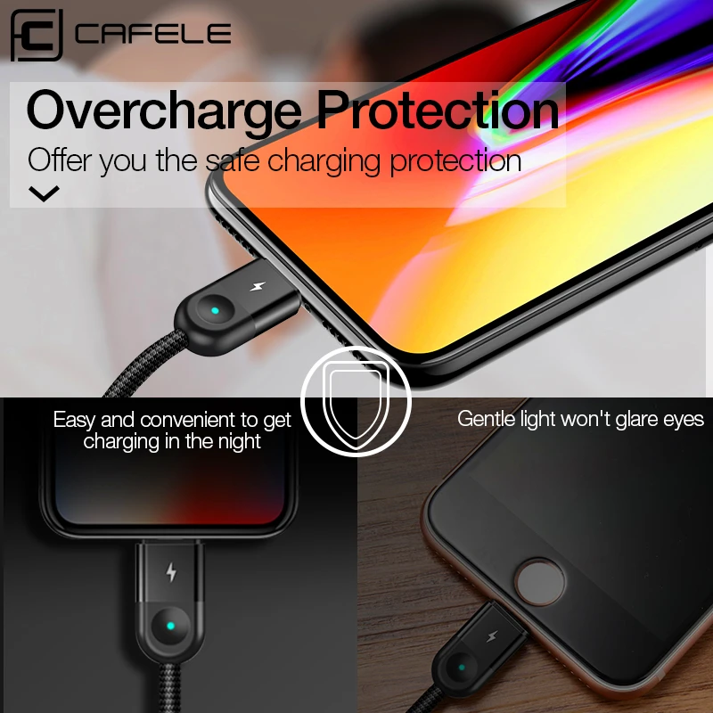 USB кабель Cafele с несколькими светодиодами для iPhone Micro C 3 в 1 Плетеный зарядный X/8 plus/7
