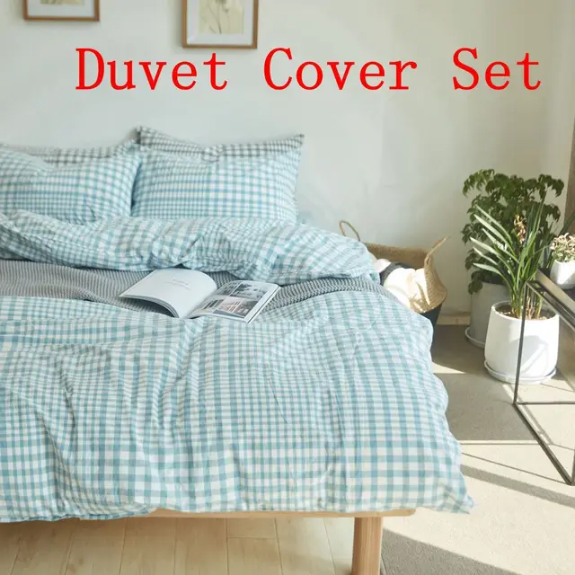 Light blue plaid duvet cover set queen king size bedding set brief