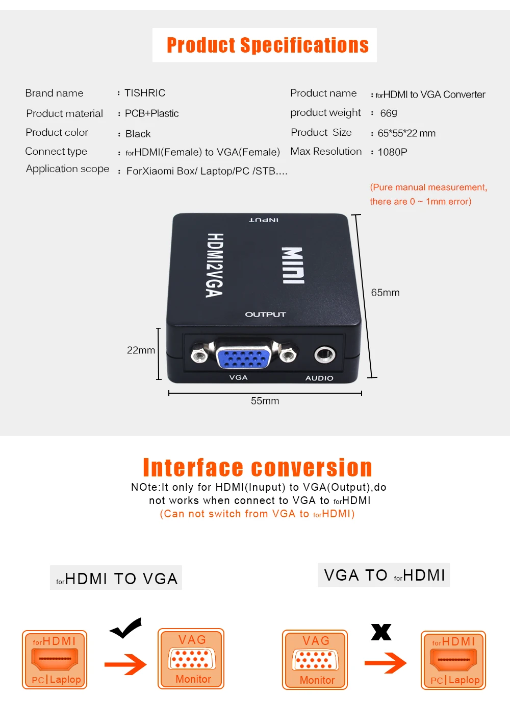 HDMI to VGA Audio USB Power Output Converter Box Male to Female 1080