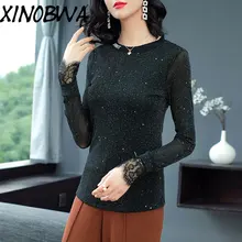 Новое поступление осень весна женская уличная мода с круглым вырезом с длинным рукавом Сексуальная кружевная Лоскутная футболка Топы женские тонкие рубашки