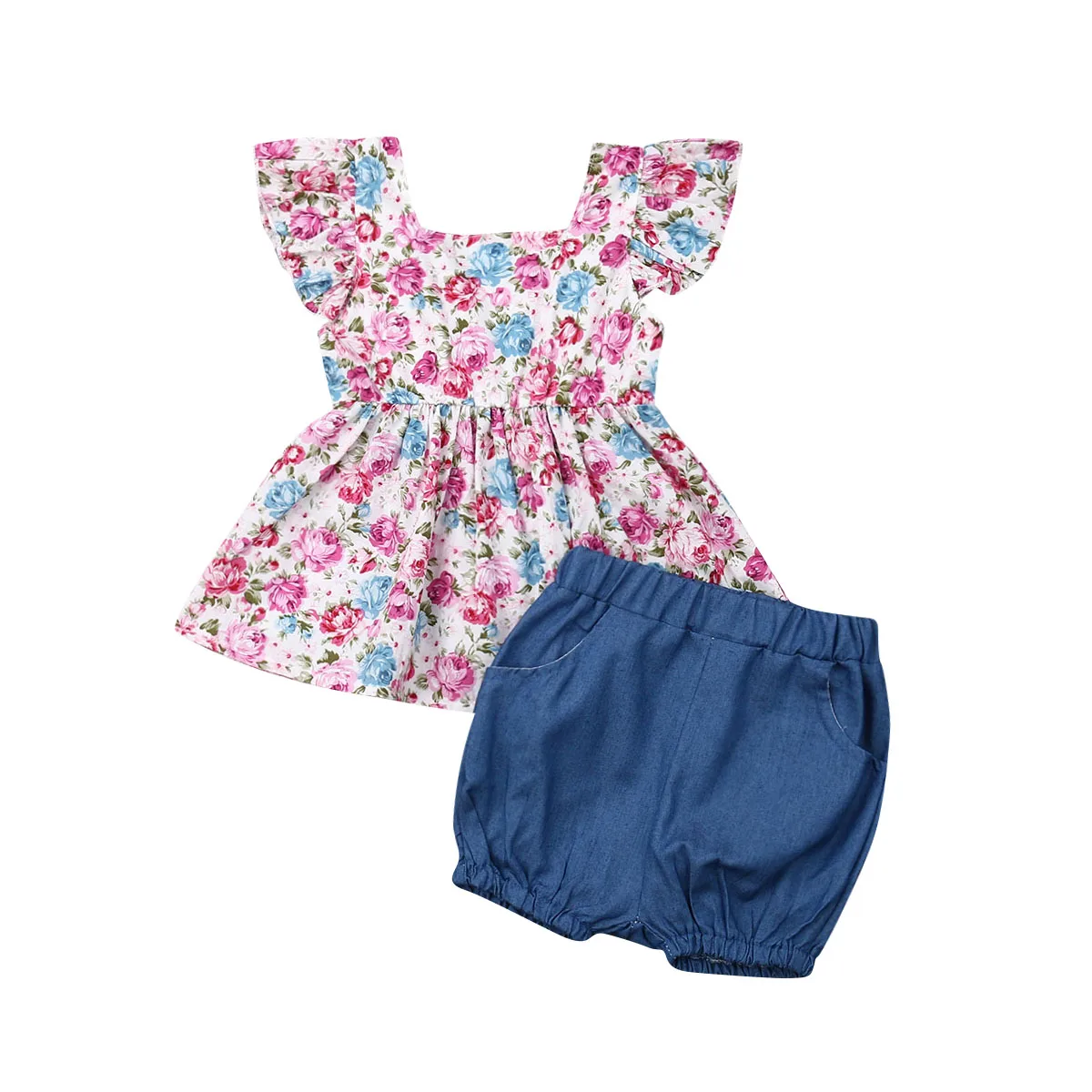 

Infant Toddler Kids Baby Girl Floral Outfits Clothes Fly Sleeve T-shirt Tops+Pants Shorts Summer Newest Fashion Causal 2PCS Set