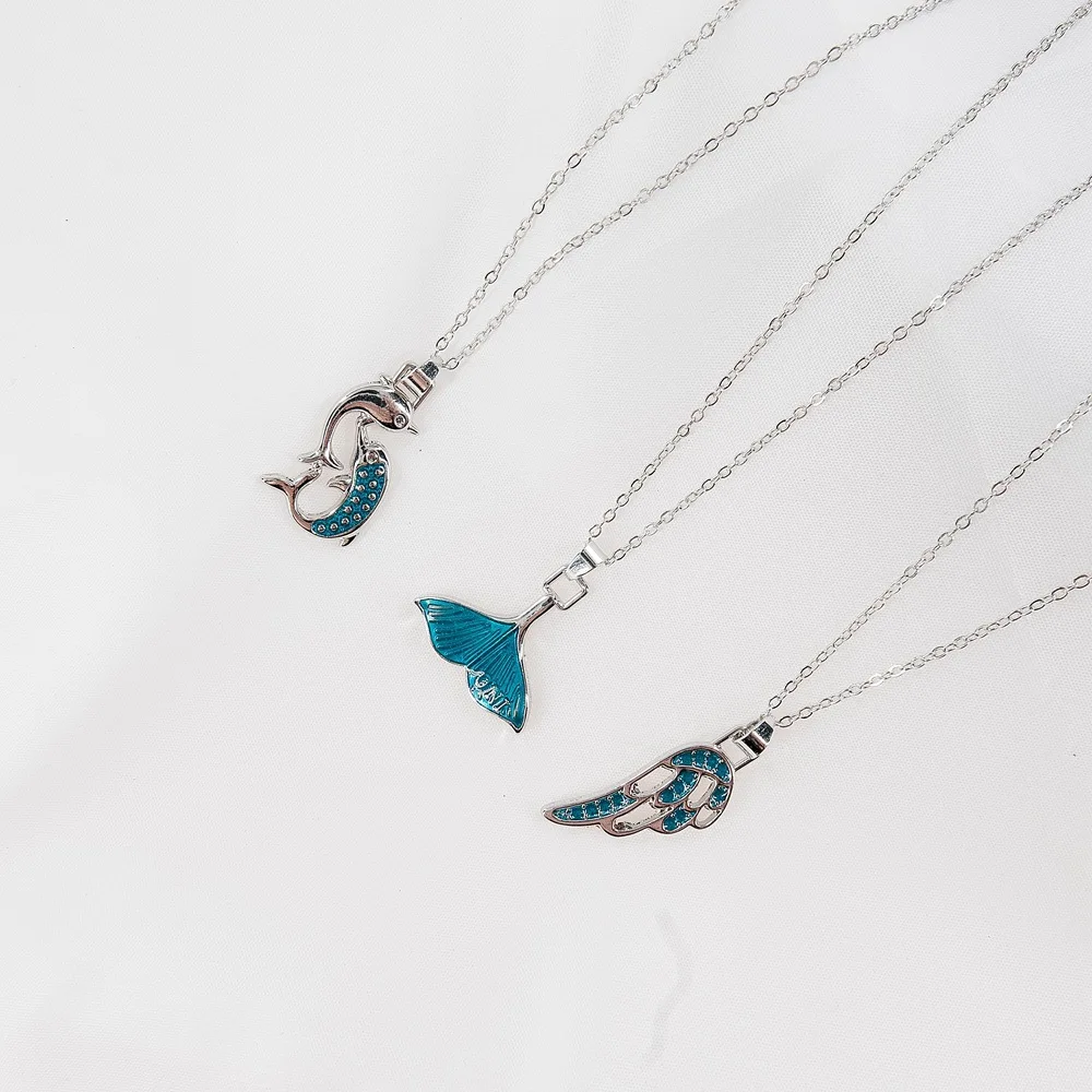 

G.YCX Mystical Mermaid Tail Necklace Girl Retro Blue Tail Wing Moon Universe Dolphin Necklace Boho Summer Beach Bride Jewelry