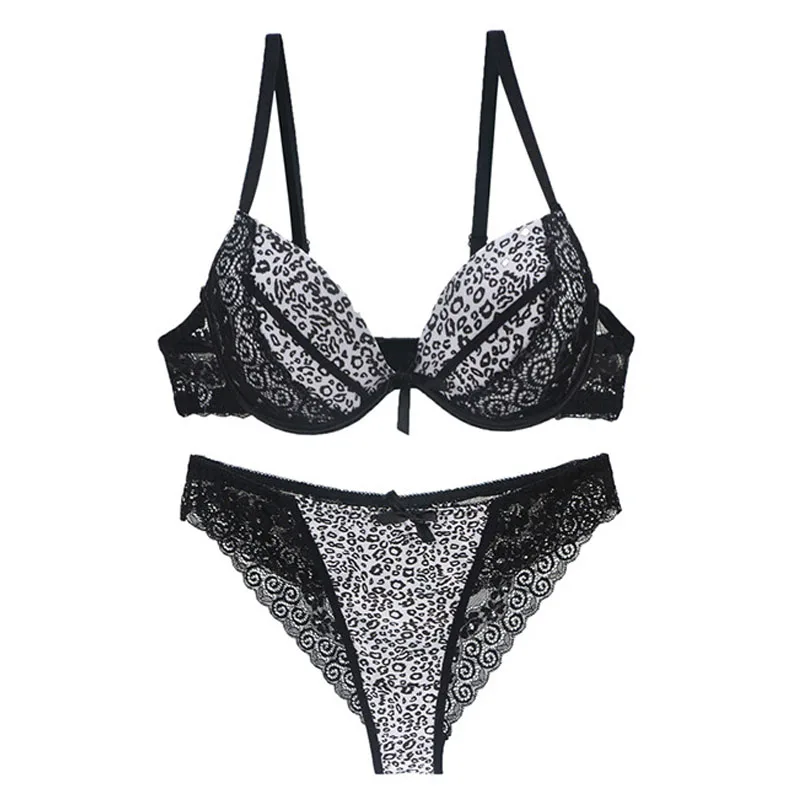 

Sexy Seamless Leopard Bra Briefs Set Push Up Bra Underwire Brassiere Lace Panties For Women A B C Cup 3/4 Cup Female Intimates