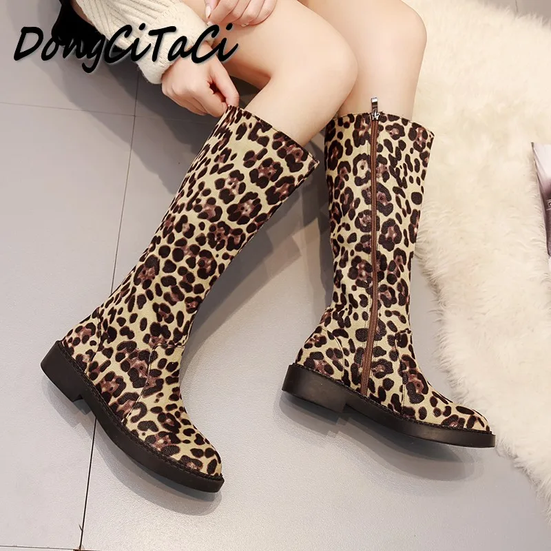 

DongCiTaCi New Winter Women Mid Calf Boots Shoes Woman Flat with shoes Female Fashion Flock Leather Zipper Knight Boots 35-40