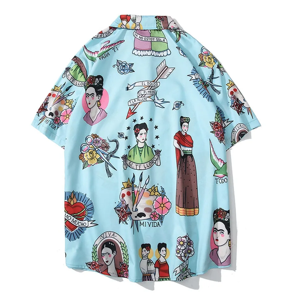Men Blouse Summer Print Turn-Down Collar Slim Fit Short Sleeve Top Shirt Blouse Men 2019