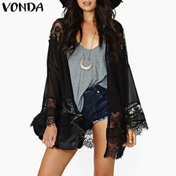 

VONDA Pregnant Women Blouses Shirts 2020 Summer Sexy Lace Long Sleeve Casual Loose Solid Tops Plus Size Beach Cardigan Outwear