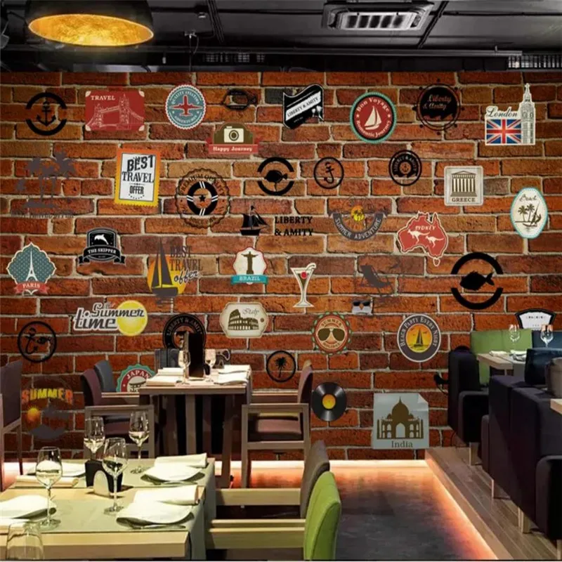 

Custom wallpaper nostalgic Europe and America icon brick wall bar KTV mural background wall high-grade waterproof material
