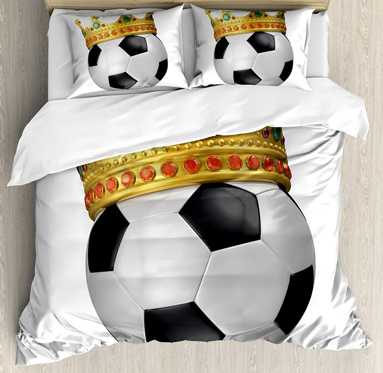 

King Duvet Cover Set Football Soccer Sports Championship Inspired Ball Crown with Ornaments Image Print 4 Piece Bedding Set