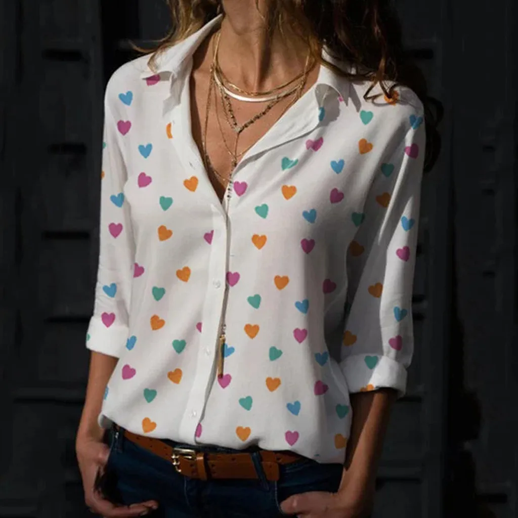 

Feitong Women Tops and Blouses Casual Buttons V-Neck Loose Love Print Long Sleeve Women's Shirt Blouse blusas mujer de moda 2019