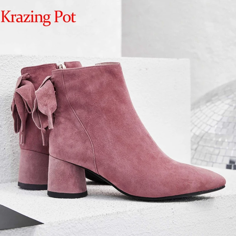 

Krazing pot kid suede ankle boots solid color back bowtie high heels sweety girl nightclub office lady winter fashion shoes L32