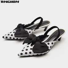 TINGHON Summer Polka Dot Women Sandals Bowtie Kitten Heel Women Mules Pointed Toe Slingback High Heels Sandals Women Pumps runway crystal rhinestone rivets studded women pumps slingback pointed toe summer sandals kitten heels crystal shoes women
