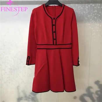 

Women'S Red Knee-Length Dress High Quality Cotton Dress Office Lady Fashion O-Neck Party A-Line Dresses For Women