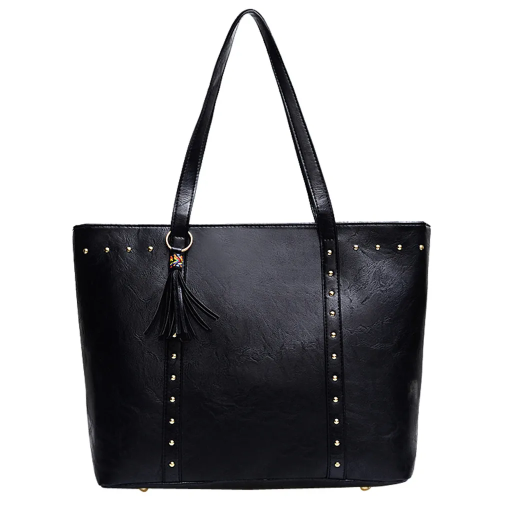 Vintgae сумка на плечо женская кожаная сумка на плечо с кисточками на молнии с заклепками однотонная сумка на плечо - Цвет: Black