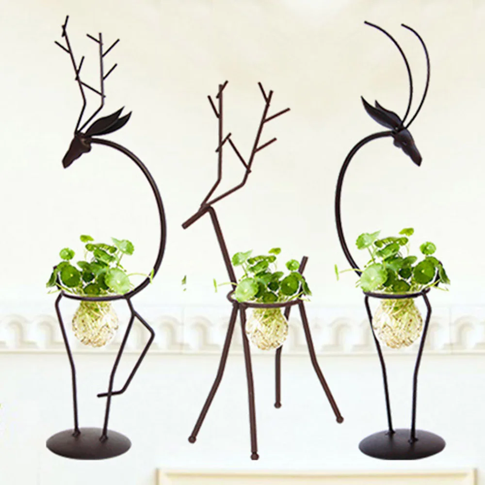 Простая креативная прозрачная стеклянная ваза с гидропонным растением и железным оленем, подставка-держатель для дома, гостиной, украшения стола