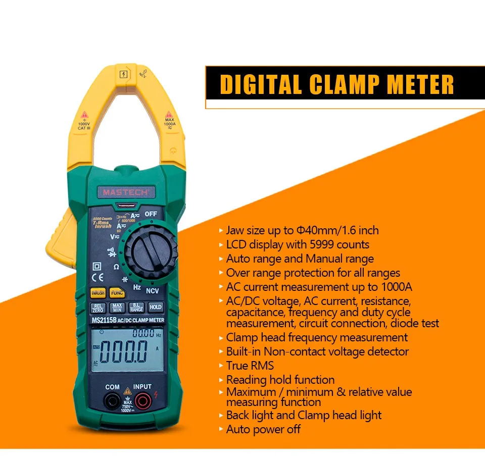 Цифровой клещи MASTECH MS2015A тестер тока RMS AutoRange 1000A мультиметр Частота емкость NCV детектор напряжения