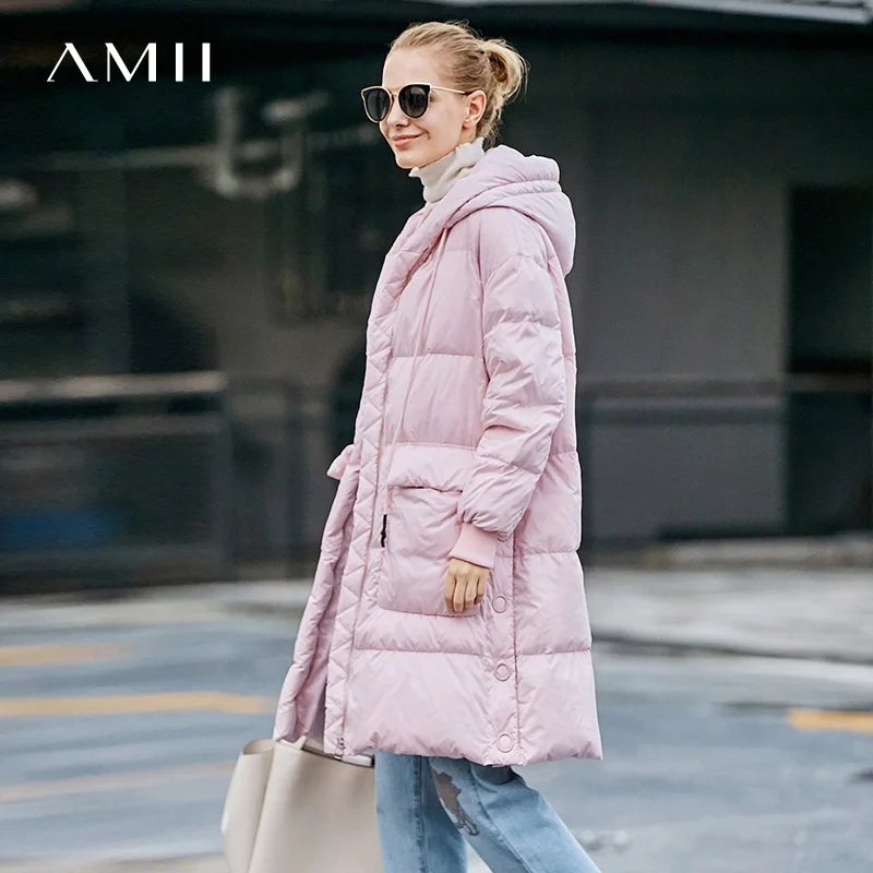 Amii Minimalist 2018 Fashion Winter Wide-waisted Big Pocket Knee Length Women 90% White Duck Down Coat with Hoodie