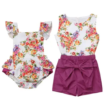 

Little sister and Big sister Matching Outfit 2 pieces Floral Top and Shorts Set