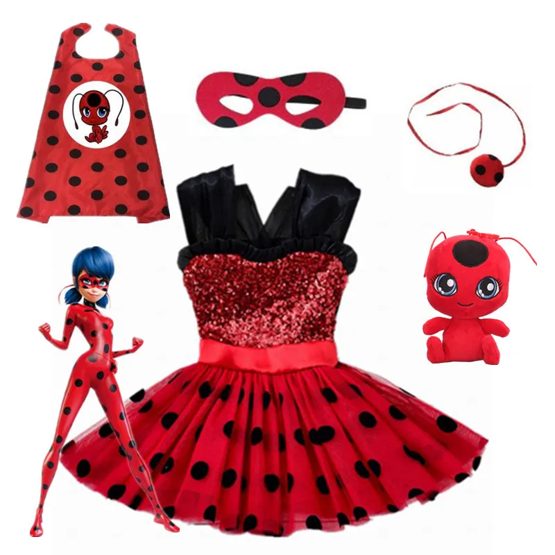 

Carnival 2019 Ladybug cosplay Girls Dress Summer Clothes Lady bug Party Dress Children's day Lace Dot Baby Girls Dresses