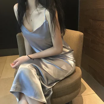 

2019 summer new ice silk nightdress women can wear sexy nightdress long section silk silk satin long skirt summer bottom skirts1