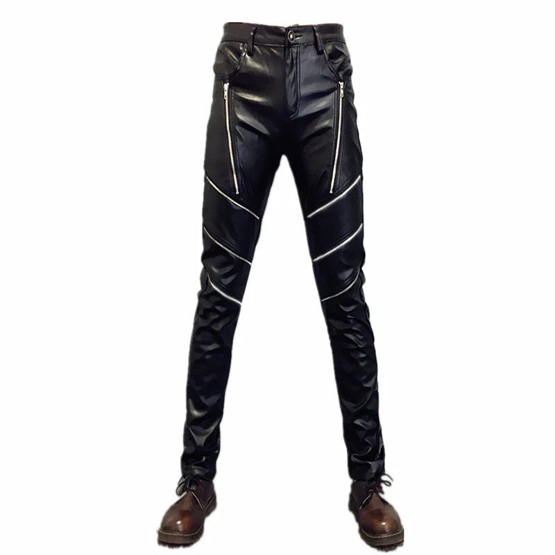Весенние новые тонкие панковские имитация из Натуральной Кожи Мотоциклетные брюки мужские костюмы рок-шаровары кожаные брюки, мужские тонкие гольфы
