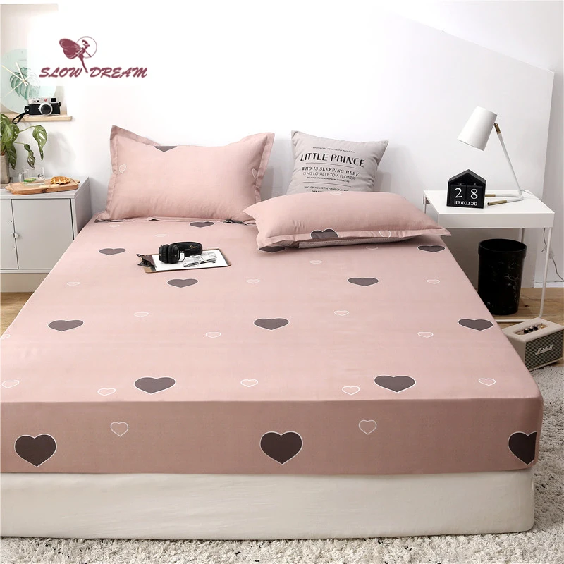

Slowdream 1PCS Love Heart Fitted Sheet Double Single Size Mattress Cover Bed Sheets On Elastic Band With Rubber Sheet Bed Linen