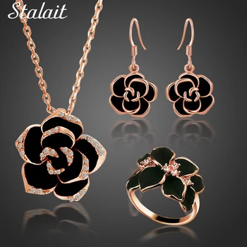 

New Classic Black Rose Flower Necklace Earrings Rings With Rhinestones Lucite Drop the Oil Austrian Crystal Flower Jewelry Sets